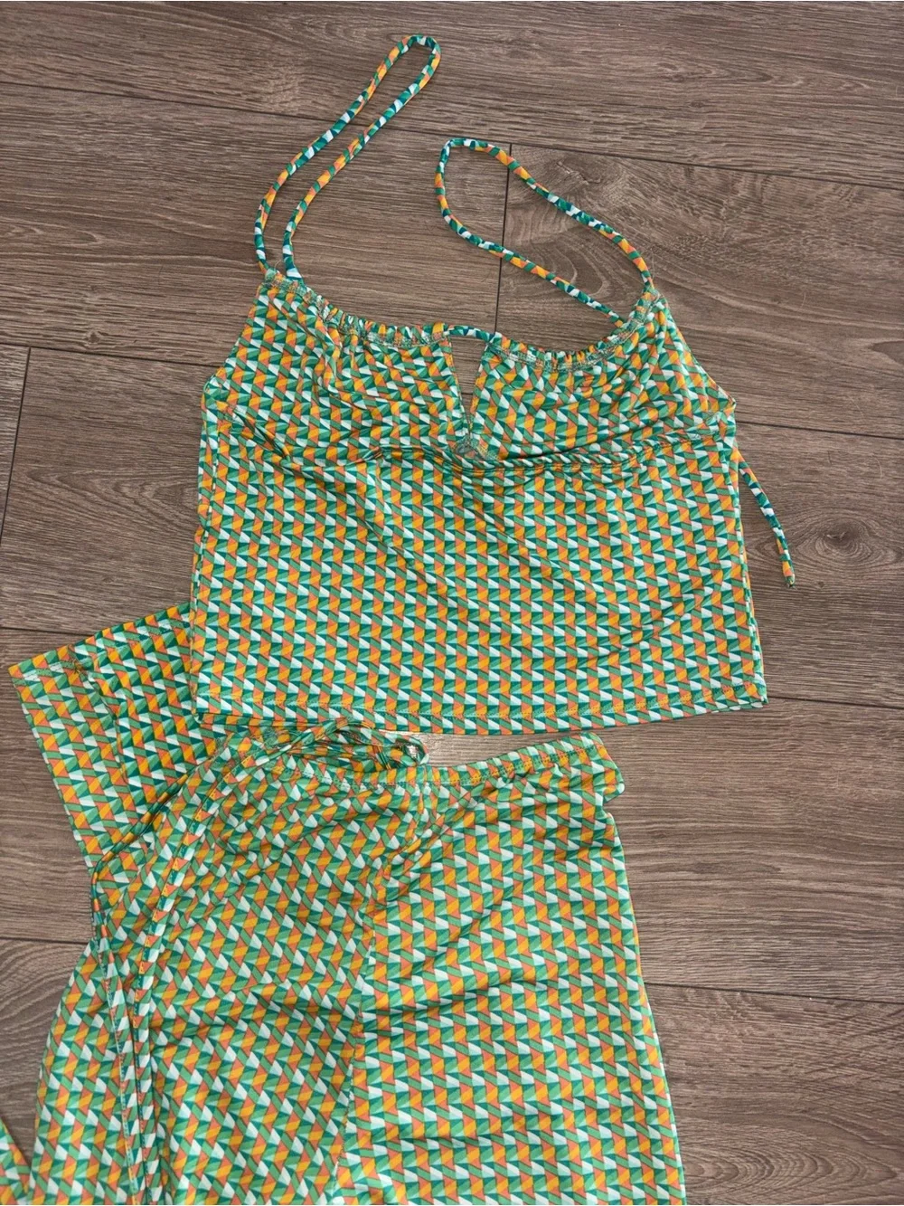 Y2K Geo Print Halter & Flare Pants Matching Set